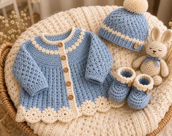 May include: A light blue and cream crochet baby set consisting of a long-sleeve cardigan with wooden buttons, a matching beanie with a pom-pom, a pair of booties with wooden button accents, and a small crocheted rabbit toy with a blue ribbon.