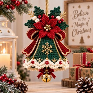 May include: A crocheted Christmas bell ornament in dark green with a red poinsettia, white trim, and gold snowflake accents. The bell features a gold jingle bell at the bottom, a red ribbon bow, and a gold cord for hanging, showcasing intricate yarn work.