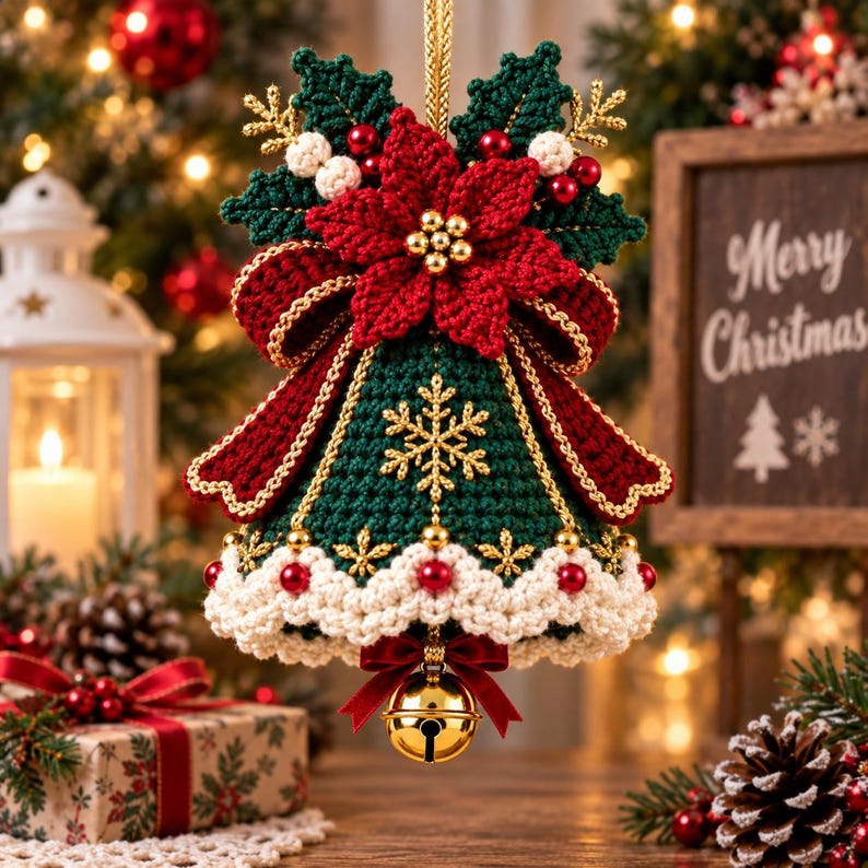 May include: A crocheted Christmas bell ornament featuring a dark green body with a white scalloped trim, a red poinsettia, holly leaves, and gold snowflake accents. A small gold jingle bell hangs from the bottom with a red ribbon bow.