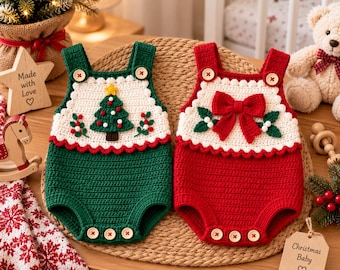 May include: Two crochet baby rompers featuring a scalloped white chest panel. One romper is dark green with a Christmas tree motif, and the other is red with a large bow. Both have wooden buttons at the straps and leg openings for closure.