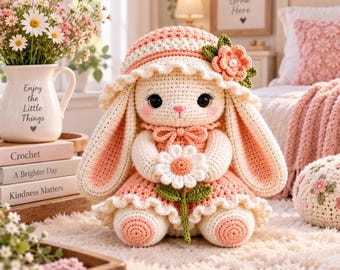 May include: A cream and peach-colored crochet rabbit doll wearing a matching sun hat with a flower accent. The rabbit has long ears, large black eyes, and pink cheeks, and it is holding a white daisy flower with a green stem in its hands.