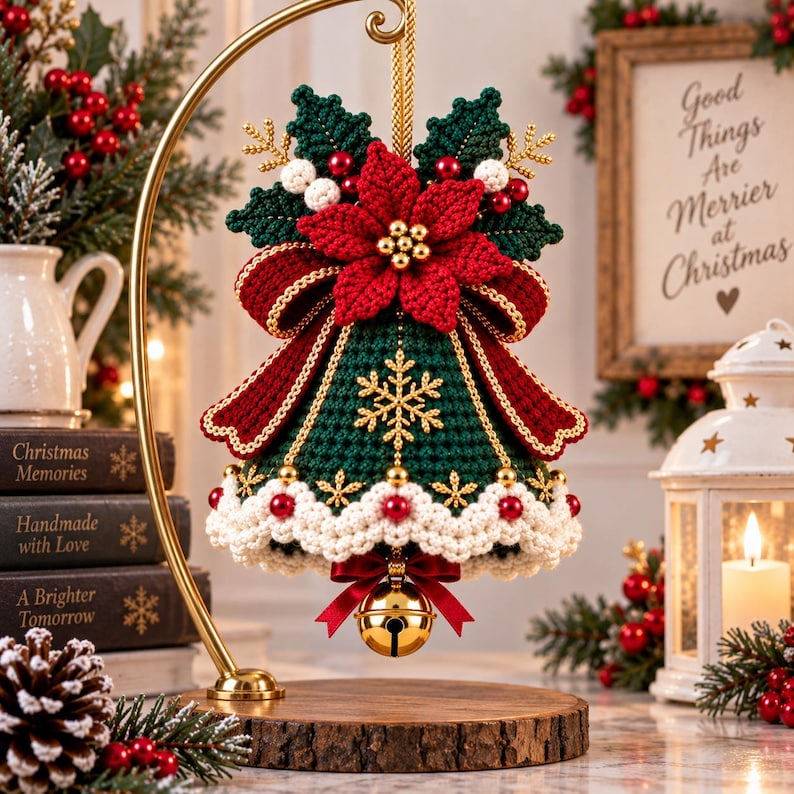 May include: A crocheted Christmas bell ornament in dark green with a red poinsettia, white scalloped trim, and gold snowflake accents. The bell features a red ribbon bow, a gold jingle bell clapper, and is suspended from a gold metal display stand.