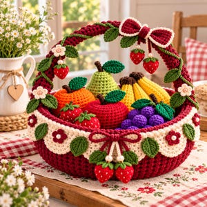 Op de afbeelding: Een ronde, dieprode gehaakte mand met een crèmekleurige geschulpte rand met rode bloemapplicaties en parels in het midden. Het handvat is versierd met groene bladeren, witte bloemen en bungelende rode aardbeien met een grote rode strik.