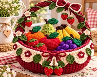 May include: A round, deep red crochet basket featuring a cream-colored scalloped border with red flower appliqués and pearl centers. The handle is decorated with green leaves, white flowers, and dangling red strawberries with a large red bow.