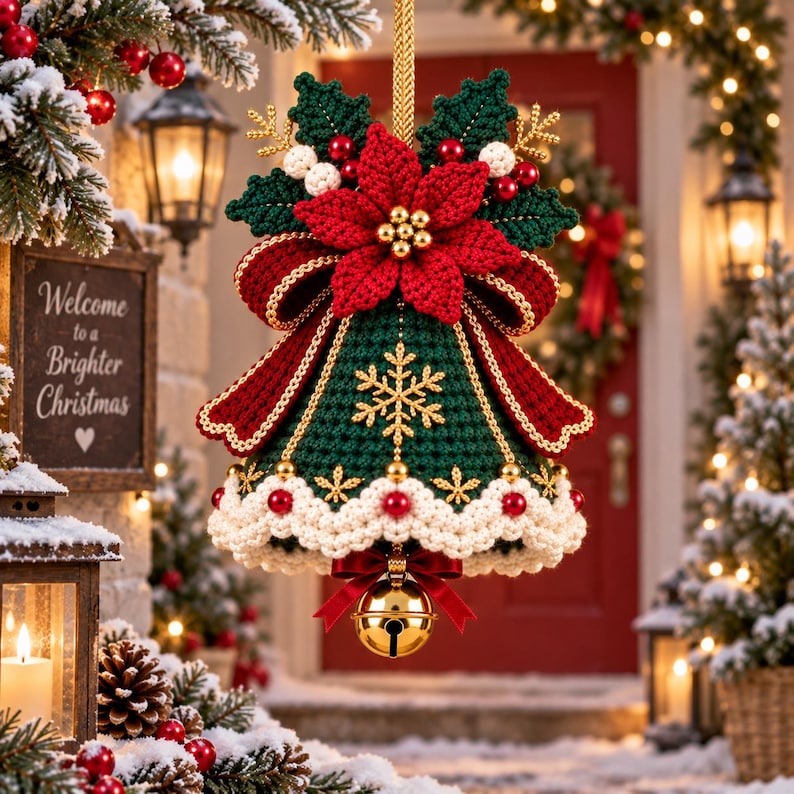 May include: A crocheted Christmas bell ornament featuring a deep green body, a red poinsettia topper, a gold snowflake accent, and a white scalloped trim. A small gold jingle bell hangs from the bottom, accented by a red ribbon bow.