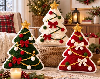 May include: Three triangular Christmas tree-shaped pillows made of crochet fabric. One is dark green, one is cream, and one is red. Each pillow features a yellow crocheted star on top, a gold beaded garland, and small bows and pom-poms.