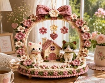 May include: A circular crochet display featuring a cream-colored cat and a green-and-white cat sitting beside a small house. The frame is decorated with pink and cream crocheted flowers, a large pink bow at the top, and hanging floral ornaments.