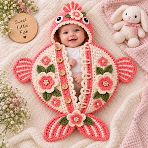 May include: A crochet baby swaddle shaped like a fish in coral pink and cream, featuring a hood with eyes, wooden buttons, and floral appliqués with pearl centers. A wooden disc nearby is engraved with the text Sweet Little Fish and a heart symbol.
