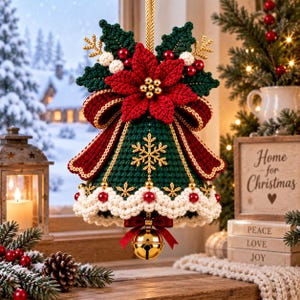 May include: A crocheted Christmas bell ornament featuring a dark green body with a gold snowflake pattern, a red poinsettia top, a white scalloped trim with red beads, and a gold jingle bell hanging from the center with a small red ribbon bow.