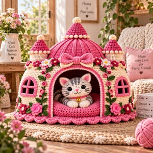 May include: A crocheted pet bed shaped like a castle in shades of pink and cream. The structure features a central dome, four turrets, a large arched entrance, and decorative floral appliques. A crocheted gray and white cat sits inside.