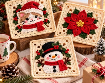 May include: Three square crochet granny squares featuring holiday designs: a cat wearing a Santa hat and red scarf, a red poinsettia flower with green leaves, and a snowman wearing a black top hat and red scarf, all with cream-colored borders.