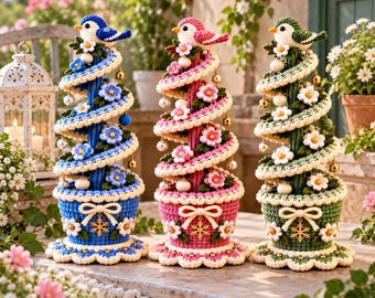 May include: Three crochet spiral trees in blue, pink, and green, each topped with a matching bird. The pots feature white bows and gold snowflake charms, decorated with small white flowers, pearls, and tiny gold bells throughout the spiral.