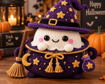 May include: A crocheted ghost wearing a purple witch hat with yellow stars, sitting inside a purple cauldron decorated with yellow stars, a crescent moon, a bow, and a small pouch. A brown crocheted broomstick rests against the cauldron.