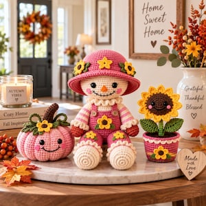 Höstbloms-trio-virkmönster PDF – Fågelskrämman-flickdocka, rosa pumpa- och solros-kruka-amigurumi, höstdekor PDF-handledning