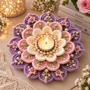 May include: A circular crochet candle holder featuring layered flower petals in shades of purple, pink, and cream. The design is embellished with small white pearls and gold beads. A lit tea light candle sits in the center of the floral arrangement.