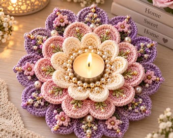 May include: A circular crochet candle holder featuring layered flower petals in shades of purple, pink, and cream. The design is embellished with small white pearls and gold beads. A lit tea light candle sits in the center of the floral arrangement.