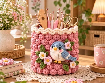 May include: A cylindrical crochet basket in dusty pink with a textured bobble stitch pattern and a scalloped cream-colored rim. The front features a crocheted blue bird perched on a brown branch with green leaves and small pink and white flowers.