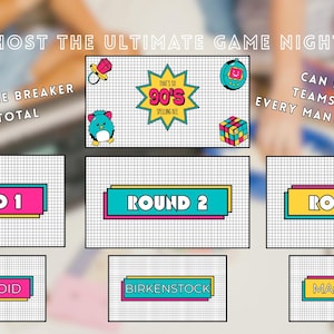 May include: A game set titled That's So 90's Spelling Bee with a grid background. It features text stating Host the Ultimate Game Night, 3 Rounds + A Tie Breaker, 70 Words Total, and Can Be Played Teams Mode Or Every Man For Themselves.