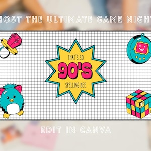 May include: A rectangular graphic on a white grid background featuring the text "THAT'S SO 90'S SPELLING BEE" inside a yellow starburst. Surrounding the starburst are illustrations of a pink ring pop, a teal digital pet, a colorful cube, and a blue creature.