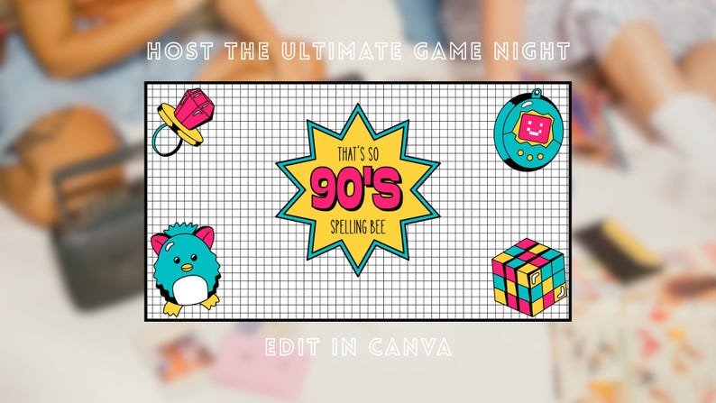 May include: A rectangular graphic on a white grid background featuring the text "THAT'S SO 90'S SPELLING BEE" inside a yellow starburst. Surrounding the starburst are illustrations of a pink ring pop, a teal digital pet, a colorful cube, and a blue creature.