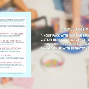 May include: A digital party game instruction sheet with a light blue border. The text outlines five steps for accessing and editing a Canva template, including clicking a link, signing in, using the template button, editing, and printing.
