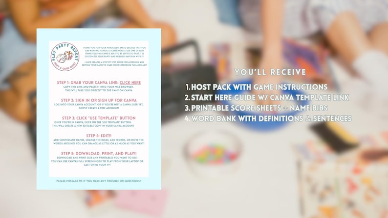 May include: A digital party game instruction sheet with a light blue border. The text outlines five steps for accessing and editing a Canva template, including clicking a link, signing in, using the template button, editing, and printing.