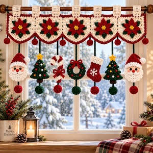 May include: A crochet window valance featuring a cream-colored base with five red poinsettia flowers. Hanging from the valance are seven ornaments including two Santa faces, two Christmas trees, a candy cane, a wreath, and a stocking.