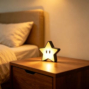 May include: A star-shaped lamp with a warm yellow glow and a black border. The lamp features two oval eyes in the centre, creating a character-like appearance. It emits a soft light, illuminating the surface it rests upon with a gentle radiance.