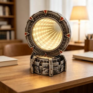 Peut inclure: Une lampe miroir à effet infini circulaire dotée d'un cadre gris patiné avec des symboles gravés et des accents rouges. Le centre présente un tunnel lumineux profond avec des LED blanc chaud, sur une base mécanique robuste assortie.