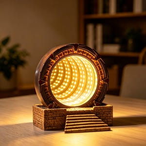 Puede incluir: Una lámpara de espejo infinito circular con un marco color bronce y patrones geométricos grabados, montada sobre una base rectangular con textura de piedra y una pequeña escalera. El centro emite una luz cálida con efecto túnel.