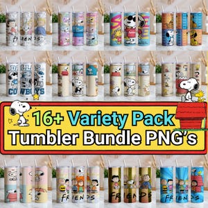 Peut inclure: Une collection de gobelets cylindriques présentant divers graphismes des personnages Peanuts, dont Snoopy, Charlie Brown et leurs amis. Les motifs affichent des designs colorés, des bandes dessinées et des thèmes sportifs avec des couvercles et pailles blancs.