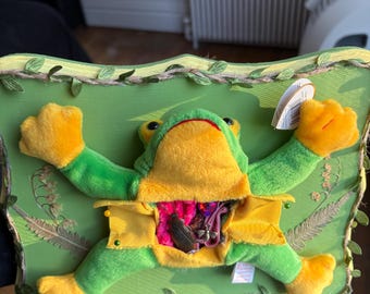 May include: A green and yellow plush frog toy mounted on a rectangular green wooden board decorated with twine and faux leaves. The frog has an open midsection revealing small trinkets, including a metallic bee charm and a dark beetle figure.