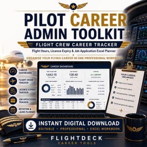 May include: A Pilot Career Admin Toolkit digital Excel workbook featuring a career dashboard, flight-hour tracker, licence expiry tracker, job application tracker, and rotation planner. Includes a clipboard with a checklist, a pen, and a mug.