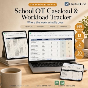 May include: A digital School OT Caseload and Workload Tracker displayed on a laptop, tablet, and smartphone. The screens show spreadsheets with activity categories, minutes, and workload percentages. Text includes Chalk & Grid and Google Sheets + Excel.