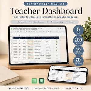 Può includere: Una dashboard digitale per insegnanti visualizzata su tablet e smartphone, con un'interfaccia a foglio di calcolo che include colonne per data, giorno, periodo, materia, focus della lezione, materiali e stato di completamento.