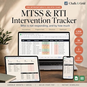 May include: A digital MTSS & RTI Intervention Tracker displayed on a laptop, tablet, and smartphone. The screen shows a spreadsheet with columns for date, student, focus area, status, minutes, score, and notes. Text includes Chalk & Grid branding.