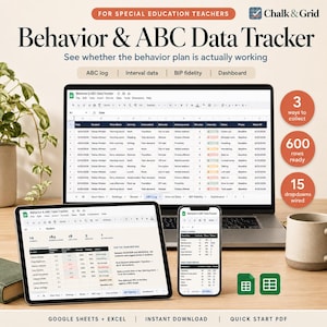Pode incluir: Uma planilha digital de rastreamento de comportamento e dados ABC exibida em um laptop, tablet e smartphone. A interface inclui guias para registro ABC, dados de intervalo, fidelidade BIP e painel. Texto: Chalk & Grid, 3 ways to collect, 600 rows ready, 15 dropdowns wired.