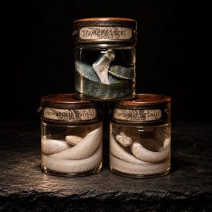 May include: Three clear glass jars with dark wooden lids, stacked in a pyramid. The top jar contains a dark green snake with an open mouth. The two bottom jars each contain a white snake. Each jar features a label with handwritten text.