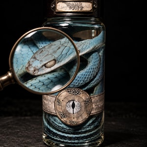May include: A clear glass jar containing a coiled light blue snake, viewed through a handheld magnifying glass. The jar features a dark wooden lid with a metal label reading Zaocys and a central label depicting a clock face with a reptilian eye.