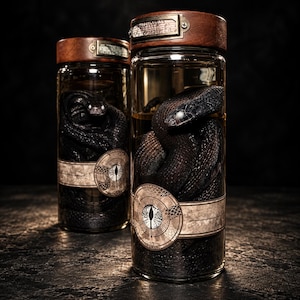 Peut inclure: Deux bocaux cylindriques en verre contenant des serpents noirs enroulés immergés dans un liquide. Chaque bocal possède un couvercle en bois sombre avec une plaque métallique et une étiquette circulaire illustrant un œil stylisé.