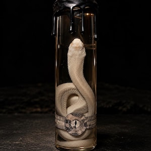 May include: A clear glass cylinder bottle containing a preserved white snake coiled inside. The top of the bottle is sealed with black wax that drips down the sides. A circular label featuring a stylised eye graphic is affixed to the front glass.