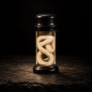 May include: A clear glass cylindrical vial containing a coiled white snake specimen preserved in liquid. The vial features a solid black cap at the top and a matching black circular base, creating a stark contrast against the white snake.