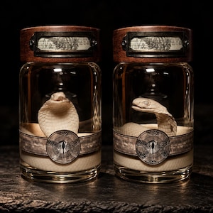 Peut inclure: Deux bocaux en verre transparent avec des couvercles en bois foncé, contenant chacun une figurine de serpent blanc enroulé. Les couvercles présentent des porte-étiquettes en métal avec du texte. Un emblème circulaire avec un œil est centré.