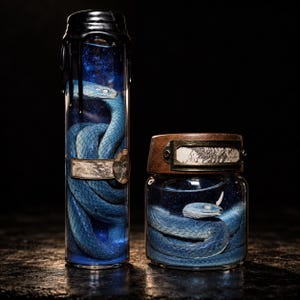 May include: A tall cylindrical glass bottle sealed with black wax and a shorter wide glass jar with a wooden lid, both containing a coiled blue snake submerged in a deep blue liquid. Each container features a decorative label with botanical prints.