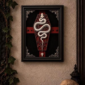 Puede incluir: Una pieza de arte mural enmarcada que presenta un esqueleto de serpiente blanco enroscado sobre una forma de ataúd rojo oscuro, superpuesta a una cruz negra. El marco negro incluye adornos plateados en las esquinas y una pequeña cruz blanca abajo.