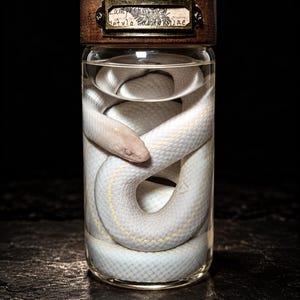 May include: A clear glass jar filled with liquid containing a coiled white snake with faint yellow stripes. The jar has a dark brown wooden lid featuring a brass metal label holder with a handwritten paper tag reading Lampropeltis getula californiae.