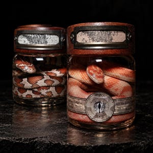 Könnte beinhalten: Zwei klare Glasgefäße mit dunklen Holzdeckeln, die jeweils eine konservierte orange-weiß gemusterte Schlange enthalten. Die Deckel haben Metallschildhalter mit handschriftlichem Text und ein rundes Etikett mit einem Auge.