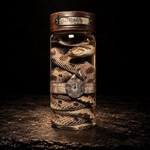 Puede incluir: Un frasco cilíndrico de vidrio transparente que contiene un espécimen de serpiente conservado con escamas estampadas en tonos marrón y beige. El frasco tiene una tapa texturizada marrón oscuro con una etiqueta metálica Aeterodon.