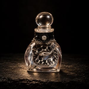 May include: A clear glass bottle with a spherical stopper, featuring a black decorative collar adorned with small silver beads and a central clear crystal. Inside the bottle, a coiled black and white patterned snake figure is visible.