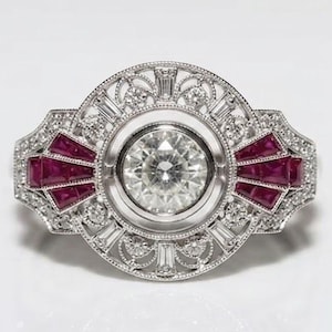 Verlobungsring im Art-déco-Stil mit Rubinmotiv, Moissanit-Ring aus 925er Sterlingsilber mit Lünette, antiker geometrischer Cocktailring, Ring mit Milgrain-Filigran